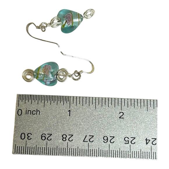 Heart Shaped Lampwork Glass Beads Blue Pink Sterling Silver Hardware Earrings - Picture 4 of 4